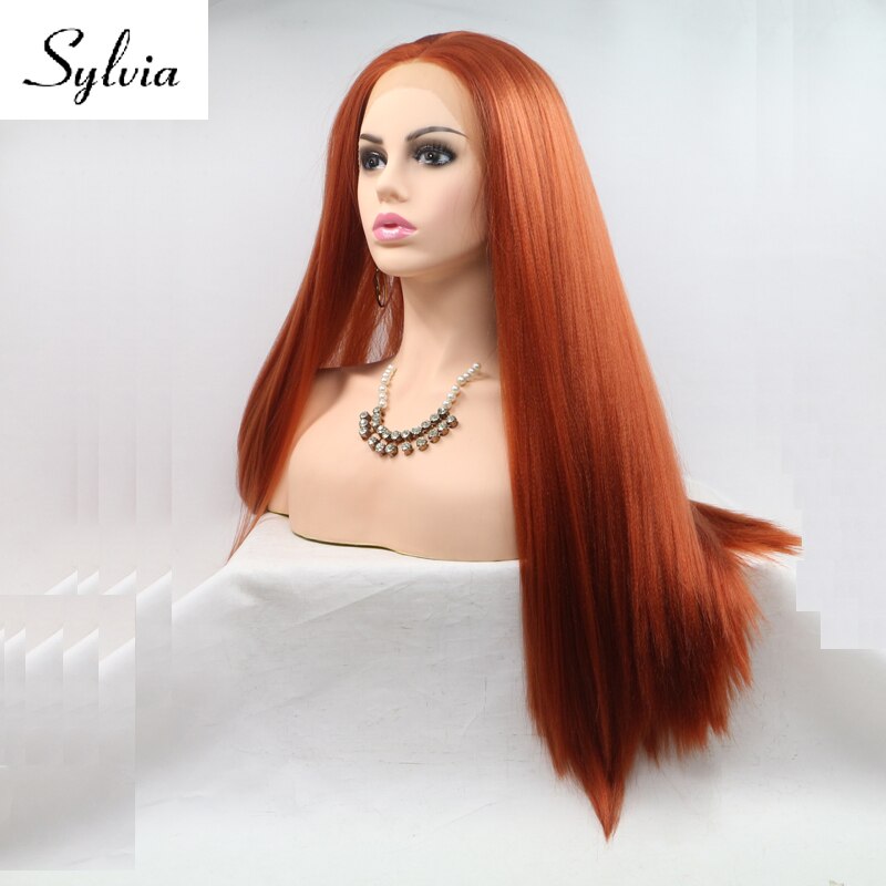 Sylvia 360# Red Brown Yaki Straight Synthetic Lace Front Wigs Natural Glueless Heat Resistant Fiber Hair for Woman