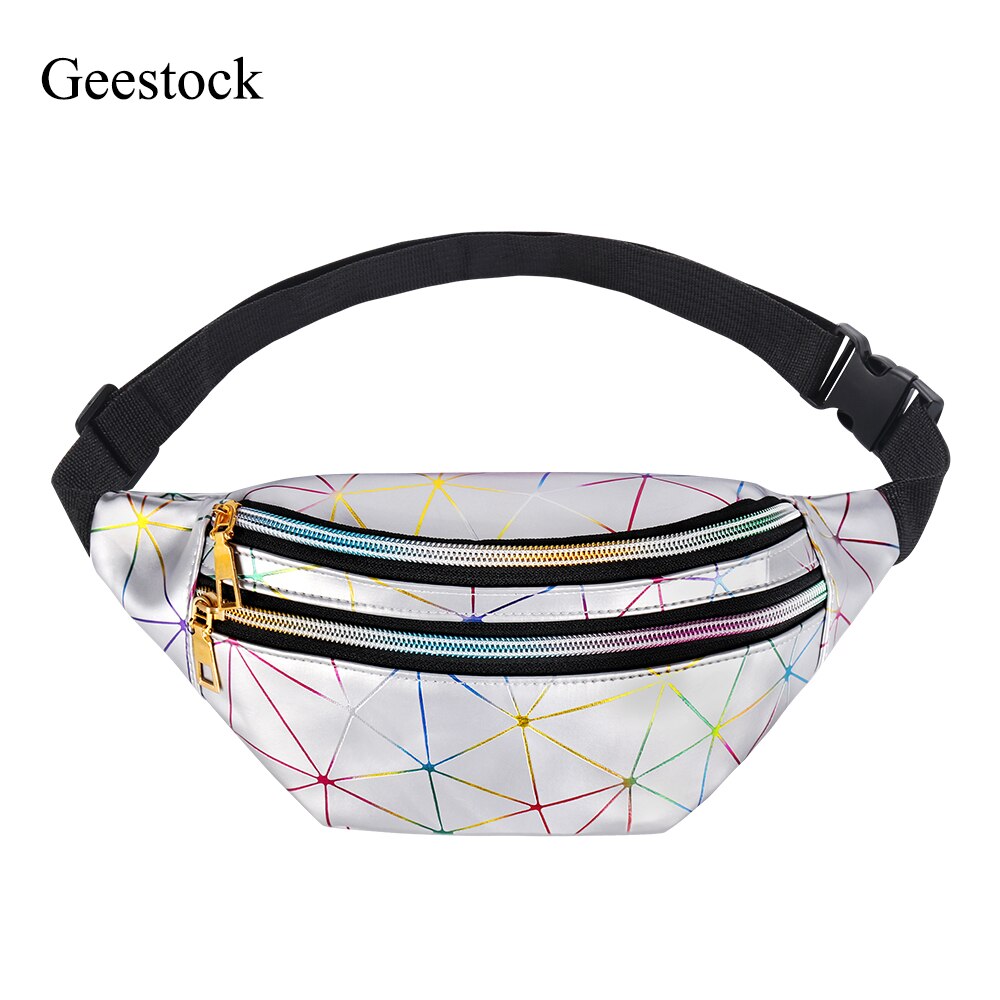Geestock holografiske talje tasker til kvinder banan kvindelig fanny pack hoftebæltetaske geometriske talje pakker brystposer: Sølv