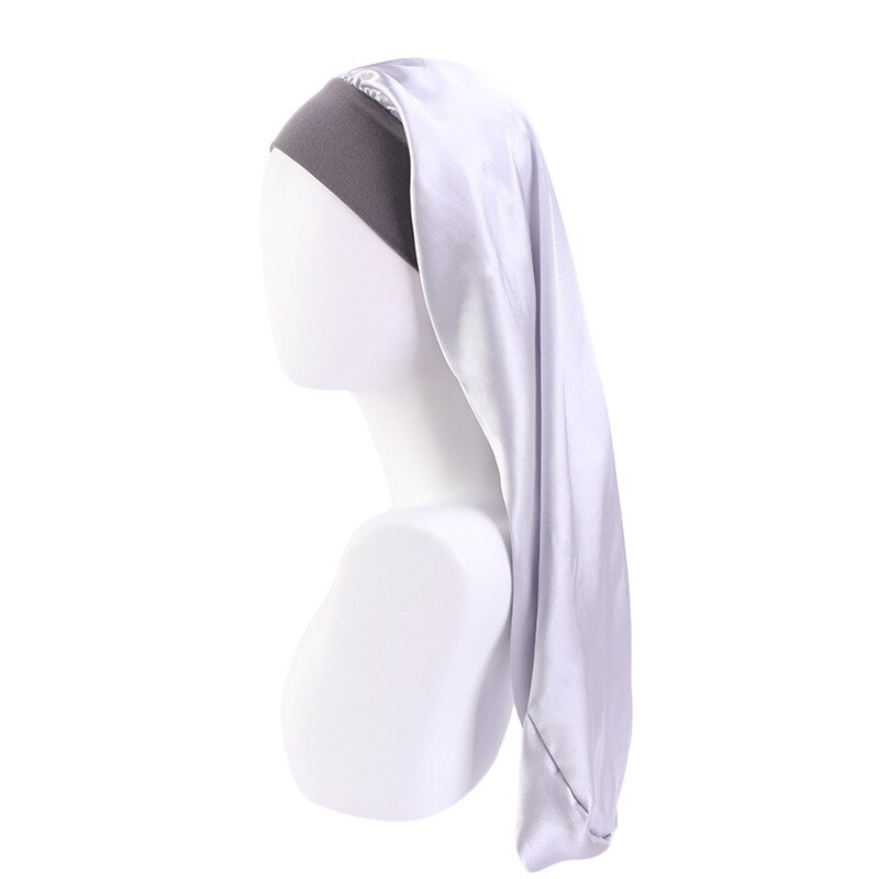 Gorro de satén para dormir para hombre y mujer, gorro de satén elástico con borde ancho, gorro de pelo largo para dormir, gorro de noche para el cuidado del cabello, Unisex: Plata