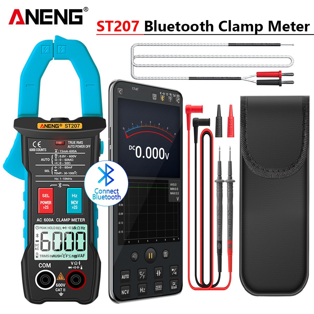 Aneng ST207 Digitale Bluetooth Multimeter Stroomtang 6000 Count True Rms Dc/Ac Voltage Tester Ac Stroom Hz Capaciteit ohm