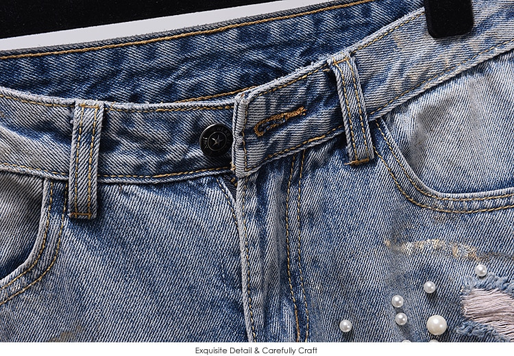 Skinny gescheurde jeans voor dames met gaten, kralen en parels, damesjeans met parels, denim potloodbroek, plus size