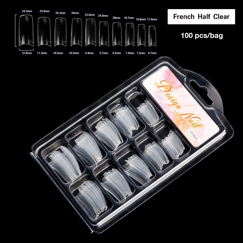 Dmoley 100 Pcs Valse Nagel Tips Wit/Clear/Natural Franse Stijl Vingernagels Nail Tips Volledige Cover False Acryl nail Art Tips: French Half Clear