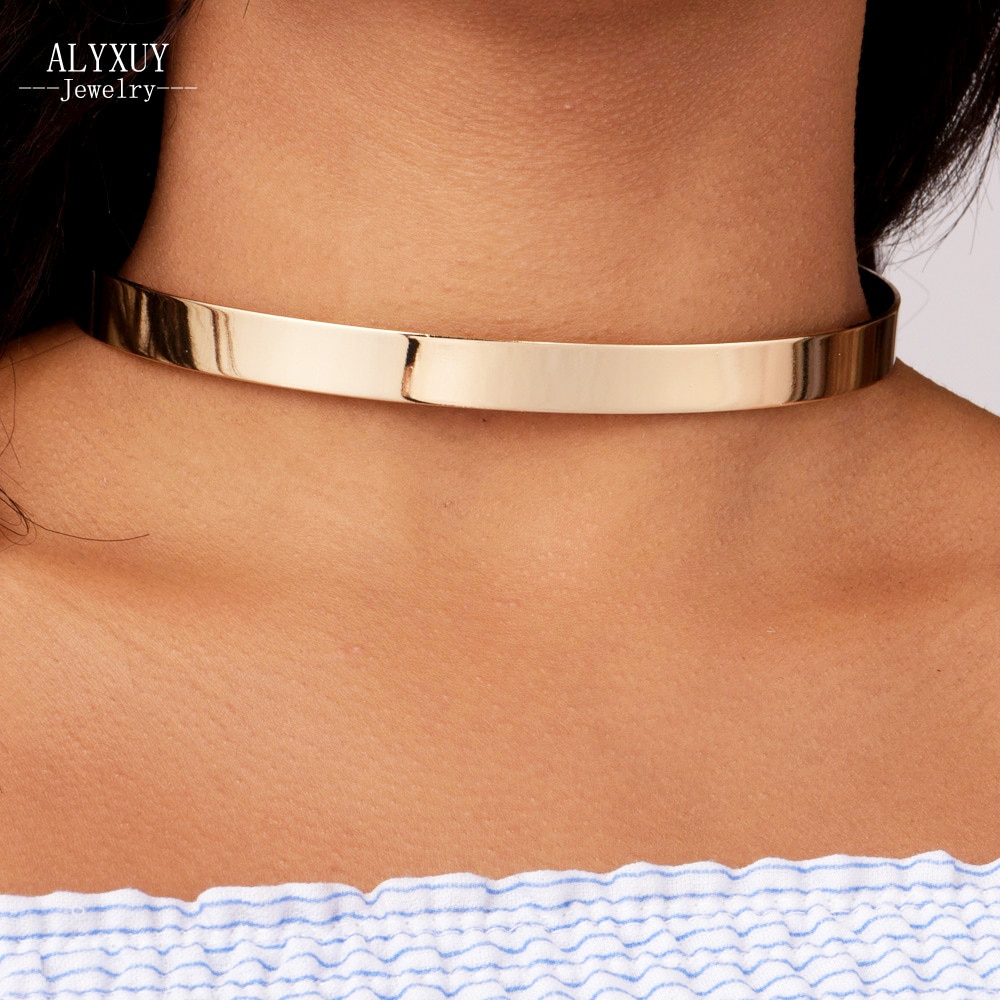 ALYXUY Vinatge Jewelry 10MM Width Metal Cuff Collar Torques Necklace Valentine's Day Lover For Women