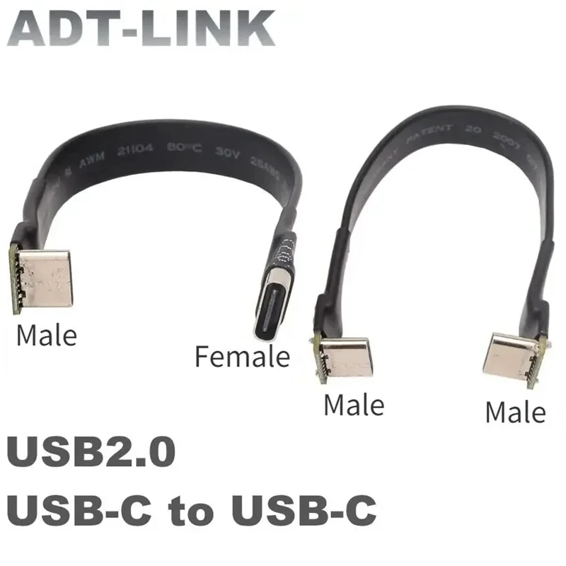 Cable plano de cinta USB 2,0 tipo C, extensión blindada, Cable FPC USB 2,0 USB-C, conectores en ángulo arriba/abajo de 90 grados, 5CM-3M para TV y PC