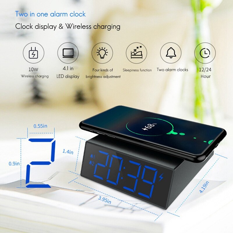Digital Alarm Clock with Wireless Charger - Clear LED Display Snooze for Bedroom Office Travel, for iPhone Samsung