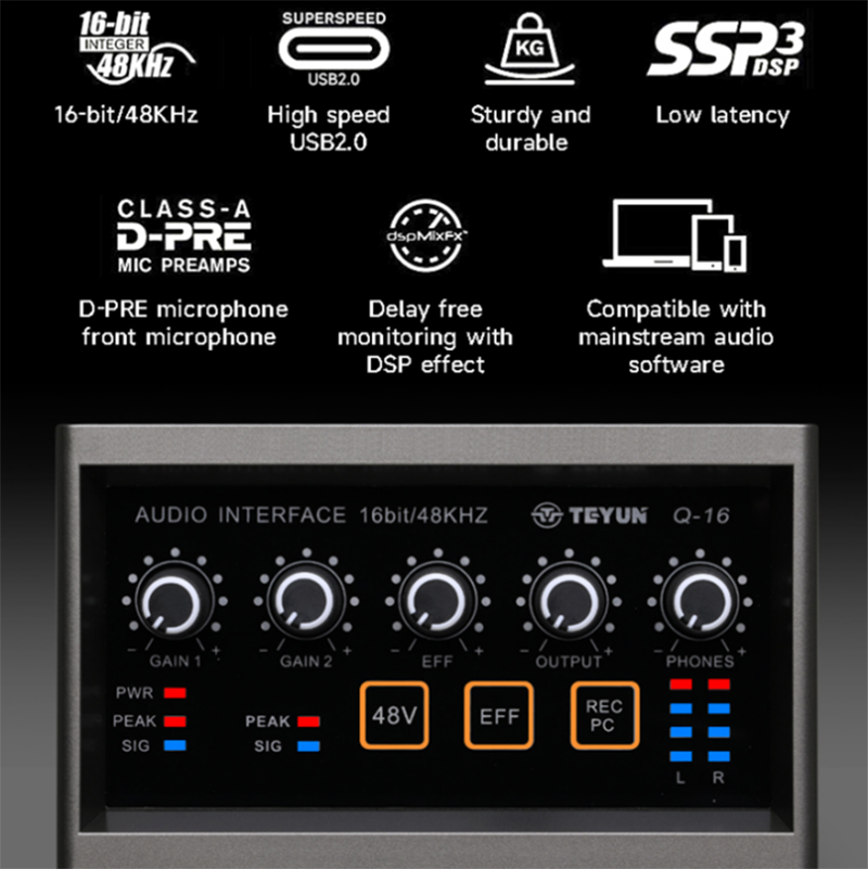 TEYUN Q-16 Sound Mixer Audio Card Channel Monitoring Electric Guitar Live Recording For Studio Interface Singing DJ
