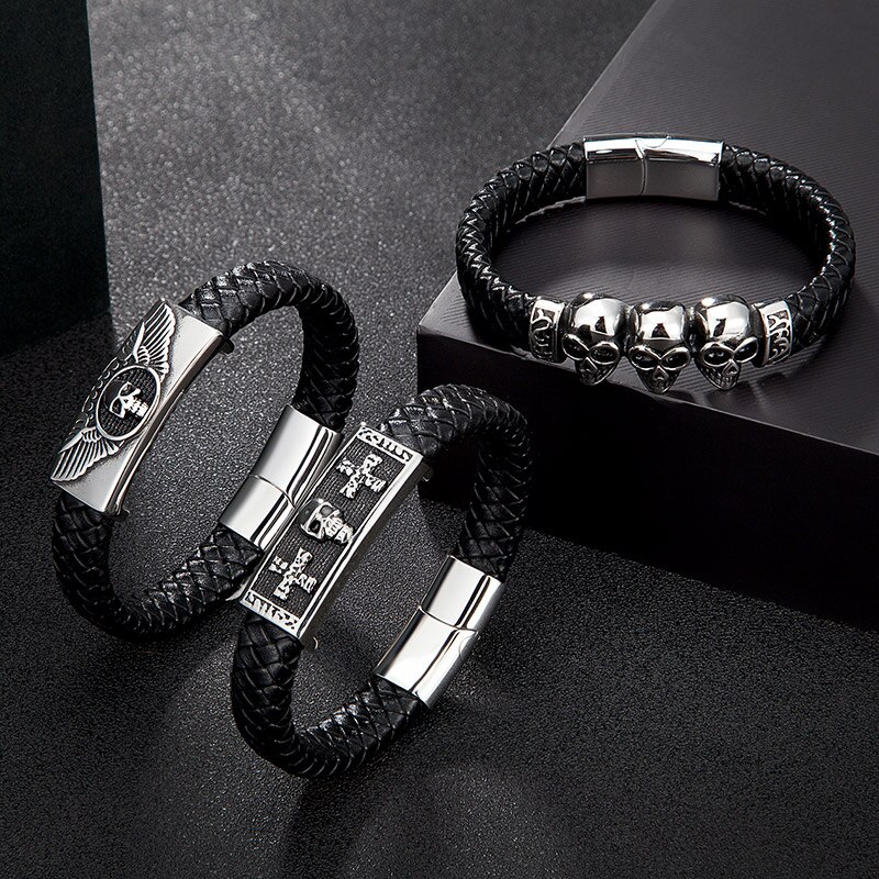 Punk Armband Rock Schedel Armbanden Magnetische Gesp Mannen Lederen Accessoires Touw Charm Armbanden Rvs Sieraden