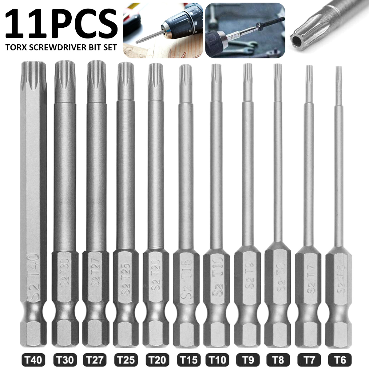 11-delige Torx-schroevendraaierbitset 1/4 inch professionele magnetische ster S2 staal zeskantschacht stoere Torx ster zeskant beveiligingsset
