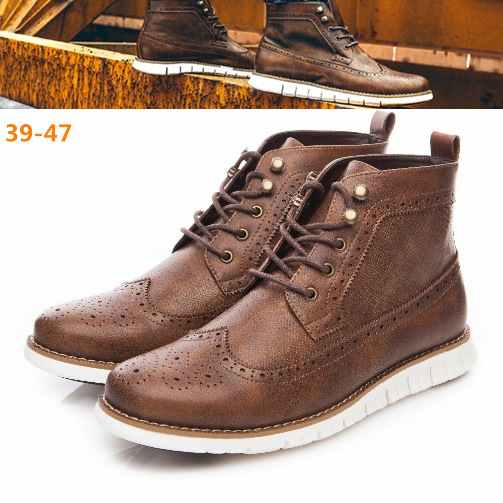 Mens Ankle Boots Lightweight PU Leather Round Toe Male Casual Shoes British Style Handmade Flat Outdoor Non Slip