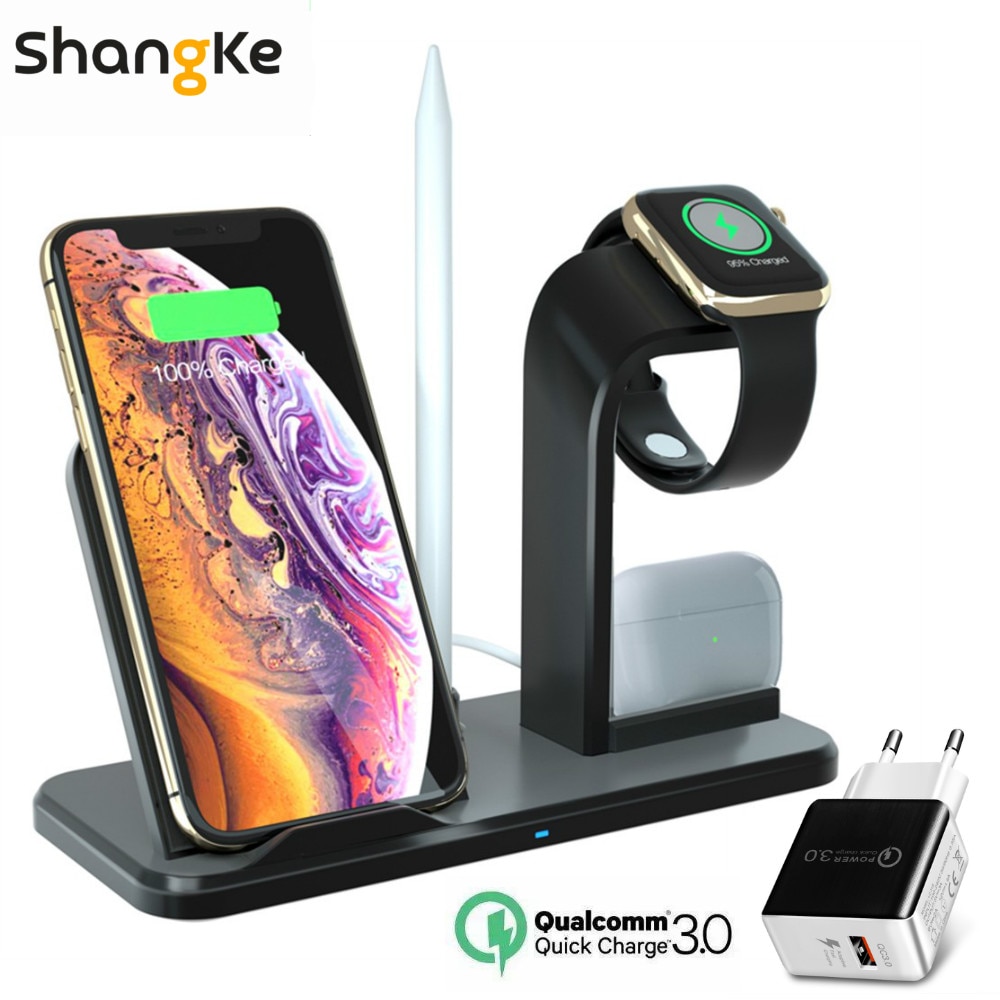 Trådløs oplader 4 in 1 aftagelig station, opladerstativ dock til iphone 11 xs x  xr 8 apple watch airpods pro og alle qi-enheder