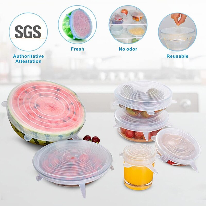 6/12pcs Kitchen Gadgets Silicone Reusable Lids Universal Stretch Lids for Silicon Food Wrap Bowl Cover Keep Food Fresh Seal Lids