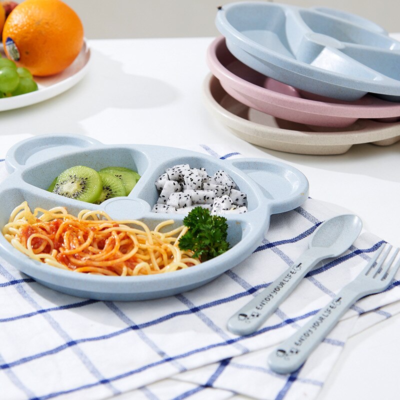 Set de 3 unidades de Bol para bebé + copa + tenedor vajilla de alimentación Oso de dibujos, pañales, vajilla de comer plato de en