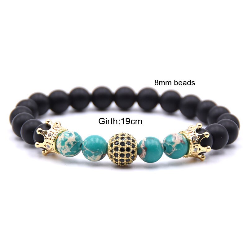 Golden Cz Bal & Crown Mannen Armbanden 8Mm Black Lucky Stone Kralen Armband Voor Vrouwen Mannen