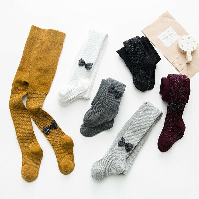 0-24M Girls Kids Tights Pantyhose Solid Cotton Bow Knitted Winter Warm Tights Party School Leg Warmers