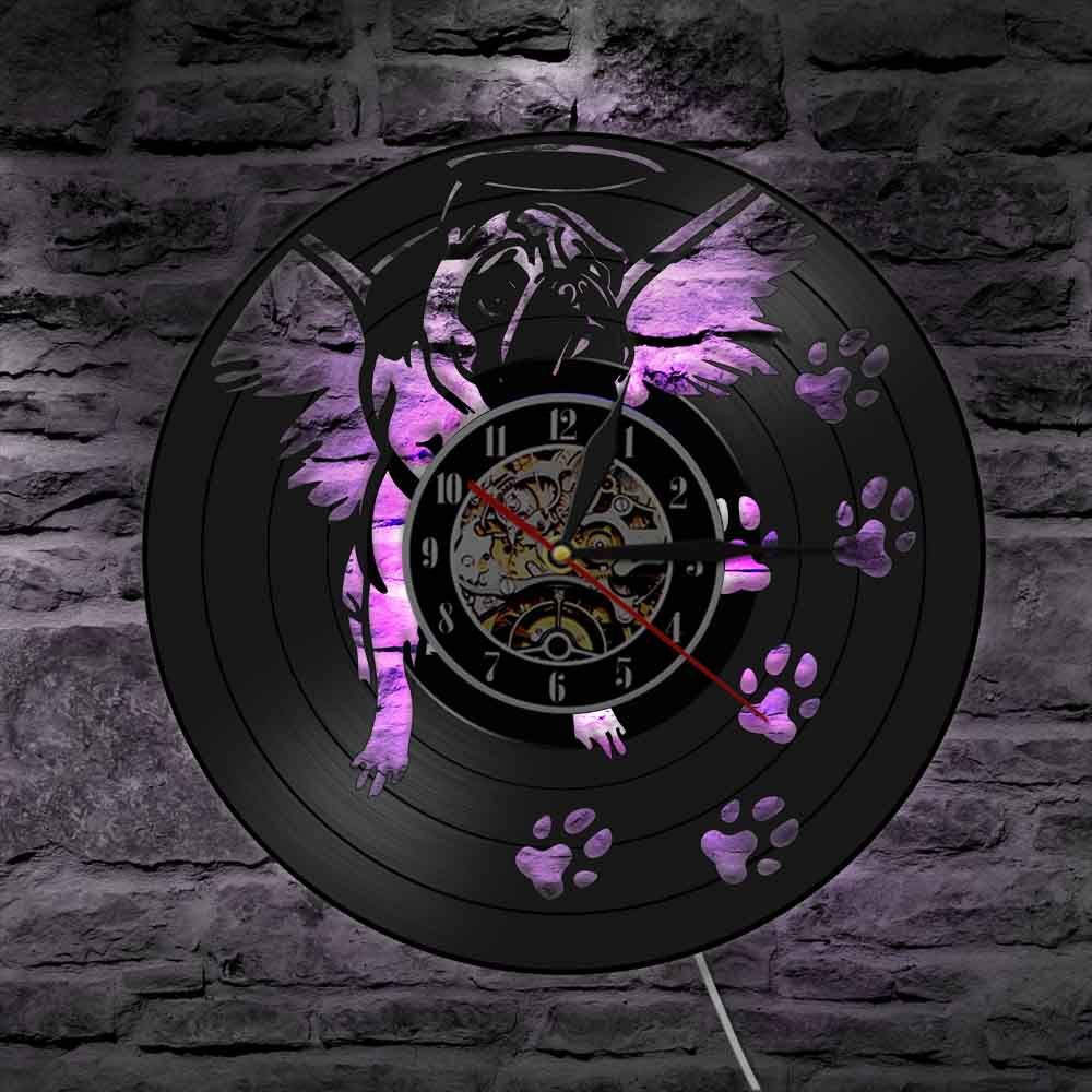 Horloge murale en vinyle pour bouledogue français, avec aile d&#39;ange, Art moderne, Vintage, carlin, chien, décoration de maison, lumineux LED
