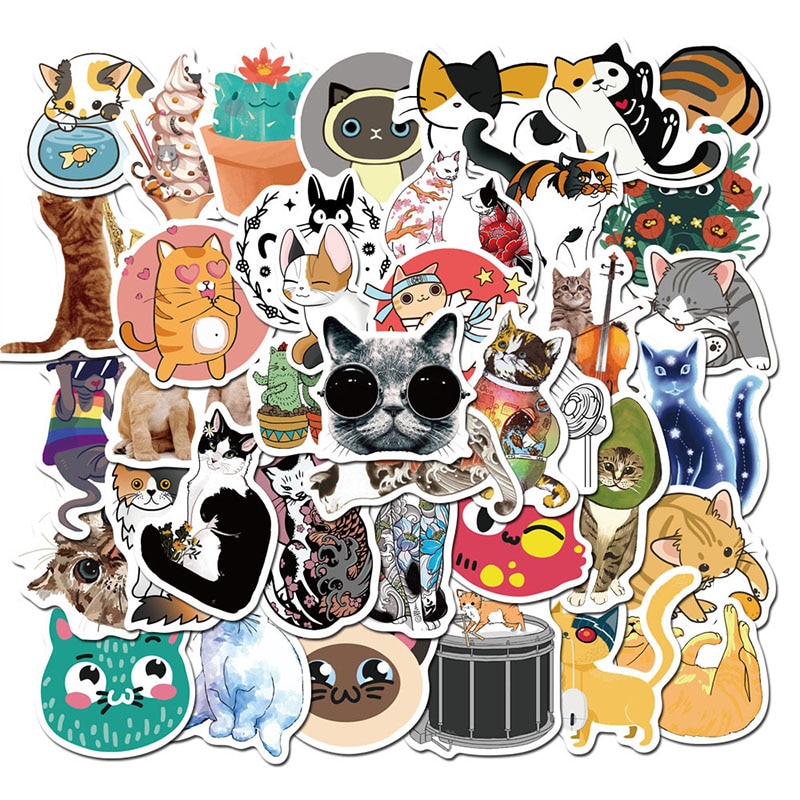 50pcs/lot Cute Cat Sticker Cartoon Kitten Stickers for Laptop Skateboard Fridge Bicycle Waterproof PVC Decal Sticker