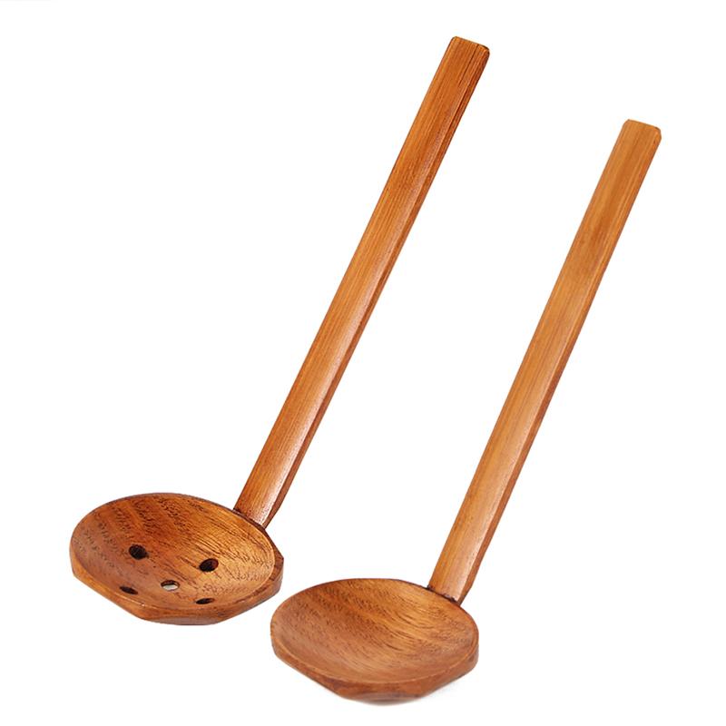 2 st natur trä durkslag ramen lång skaft skopa gryta sked durkslag soppsked behållare köksredskap trä slev