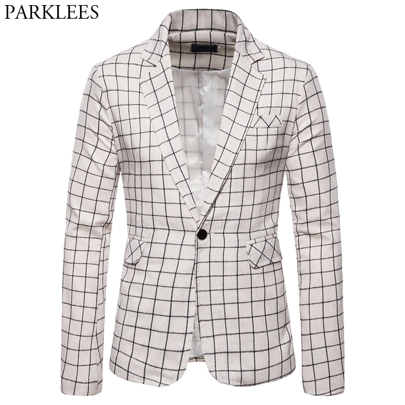 Veste Blazer blanc à carreaux pour hommes Glen flambant neuf un bouton pointe revers hommes Blazers affaires jolie pochette Masculino