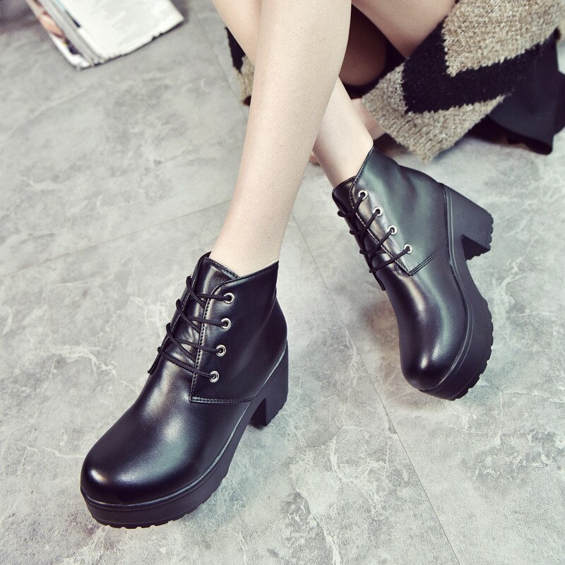 Black White Boots Heels 6CM PU leather Boots Women Platform Heels Ankle Boots for Women Chunky Heel Shoes Zapatos Plataforma