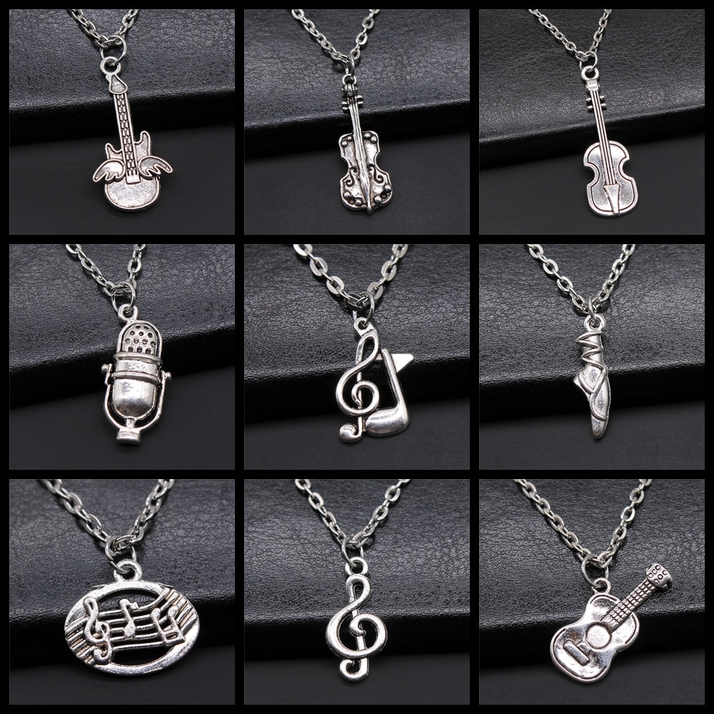 Musical Jewelry For Women Men Girl Boys Musical Note Microphone Drum Guitar Violin Pendant Necklace Antique Silver Color