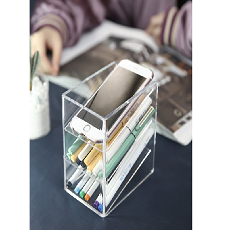 Portalápices transparente de acrílico, caja de almacenamiento multifuncional creativa para oficina, mobiliario de escritorio, caja de bolígrafos, tiendas de oficina