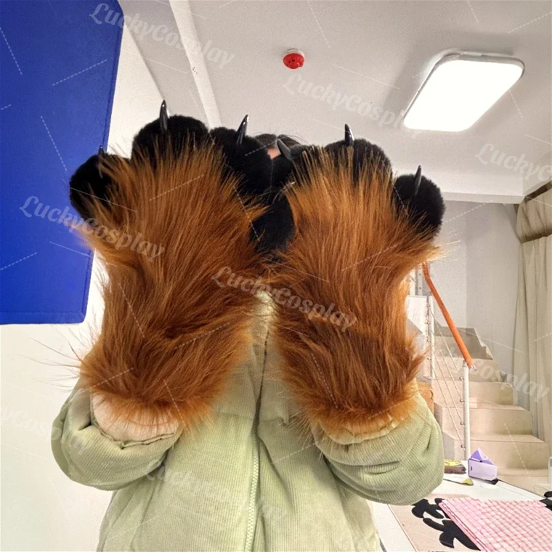 Furry Paws Gloves Fursuit Cosplay Kigurumi Cat Squawk Cartoon Plush Animal Nail Claws Full Finger Mittens Story Tell Original