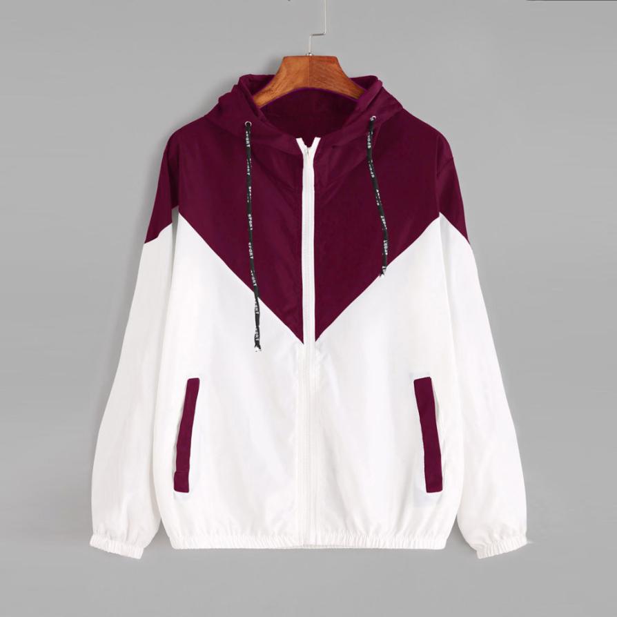 Vrouwen Basic Jassen Vrouwelijke Rits Zakken Casual Lange Mouwen Jassen Herfst Capuchon Twee Tone Windjack: Rood / L