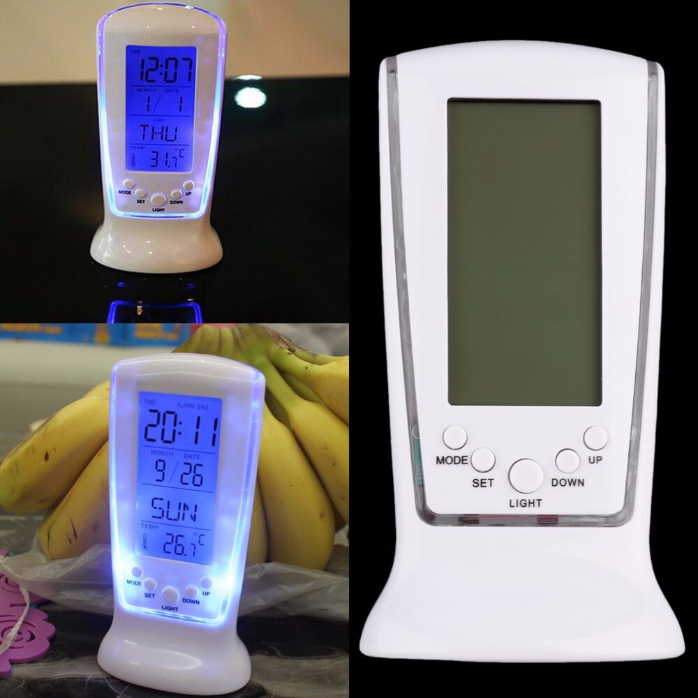 Witte Plastic Moderne Vierkante Lcd Digitale Wekker Kalender Led Display Batterij Aangedreven Met Digitale Thermometer