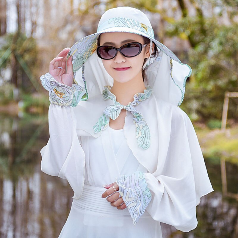 Ymsaid Chiffon Flowers Big Eaves summer hats for women Foldable Covered Face Neck Cycling Anti Uv Sun Hat: Beige Hat shawl
