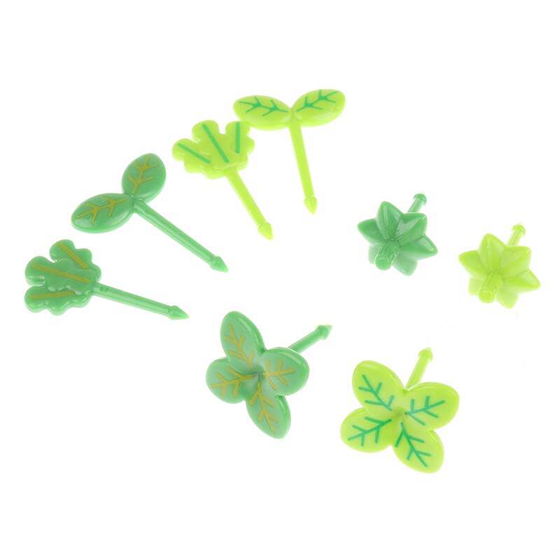 Fiambrera de decoración de plástico con hojas para niños, palillo de dientes, tenedor pequeño para ensalada, Mini palillos para pastel, 8 Uds.