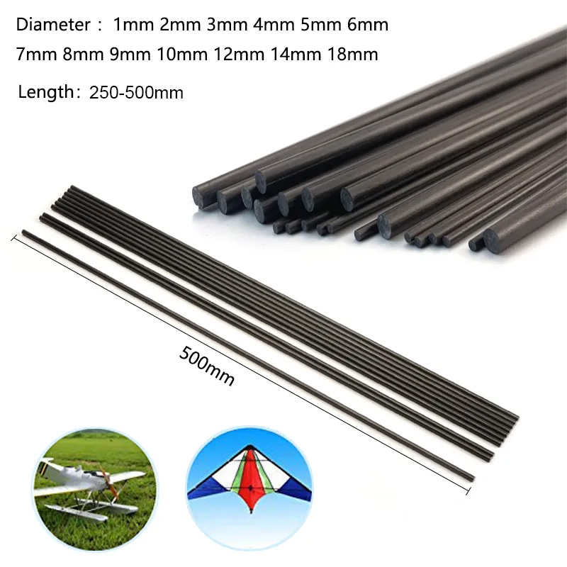 Varilla de fibra de carbono sólida, 1MM, 2MM, 3MM, 4MM, 5MM, 6MM, 7MM, 8MM -18MM (250-500MM), varilla de refuerzo, peso ligero de alta resistencia para bricolaje