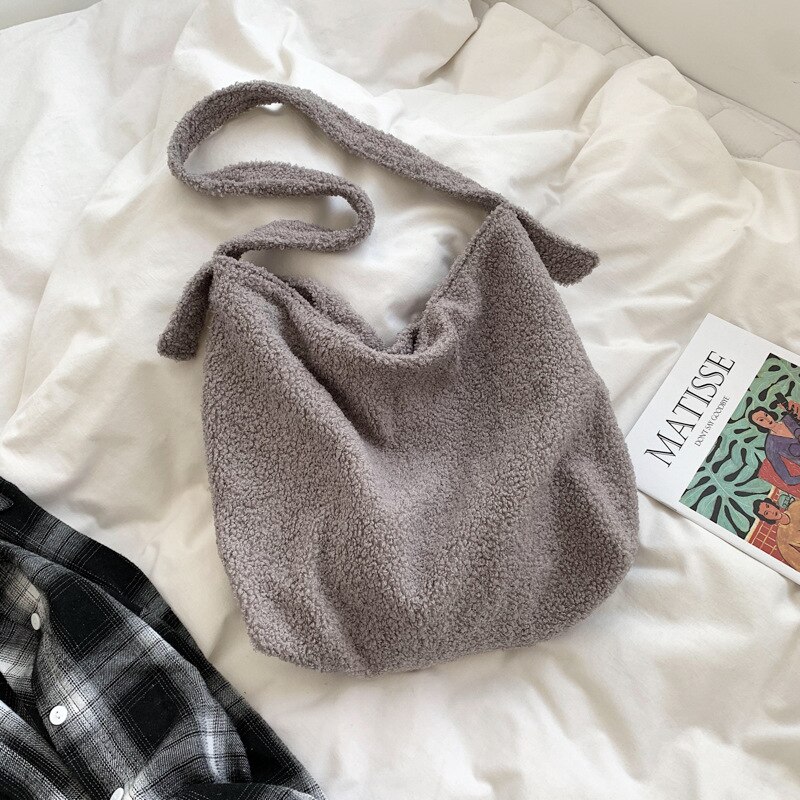 Lamb Wool Plush Women Shopper Bag Large Fluffy Soft Girl Students Shoulder Crossbody Bags for Lady Female Handbags: Gray