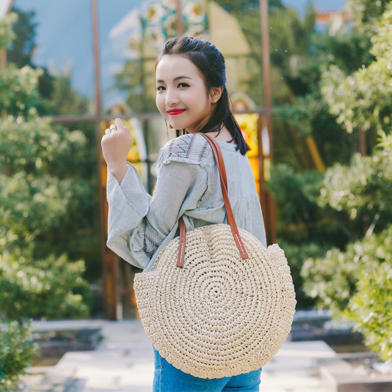 REREKAXI Hand geweven Ronde Vrouw Schoudertas Handtas Bohemian Zomer Stro Strandtas Reizen Winkelen Vrouwelijke Tote Rieten tassen