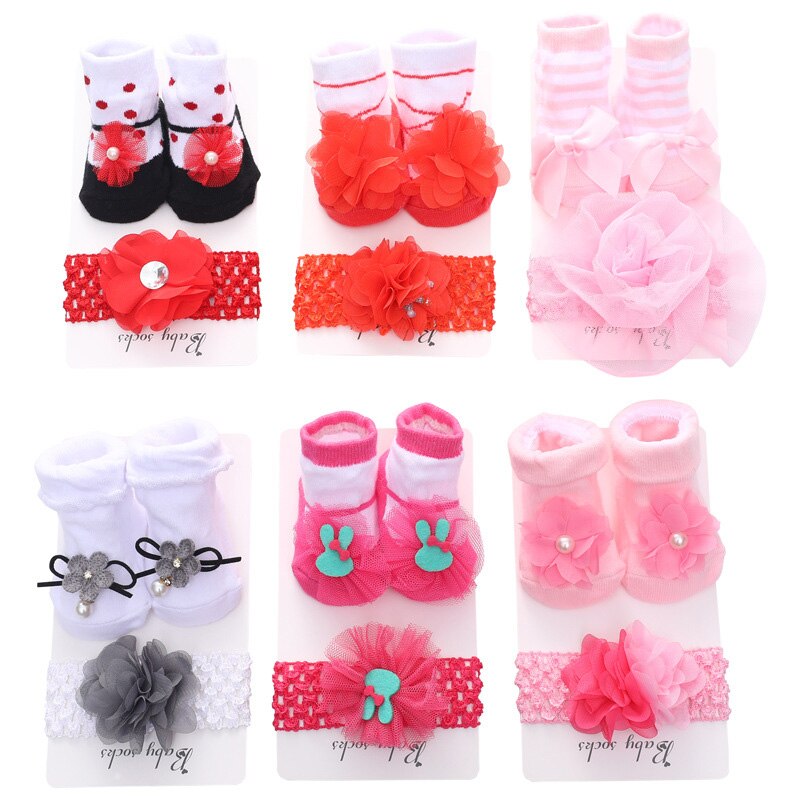 1Set Neugeborenen Baby Socken + Stirnband Set Spitze Große Blume Bögen Baby Mädchen Socken Stirnbänder Infant Kleinkind Boden Socken sokken