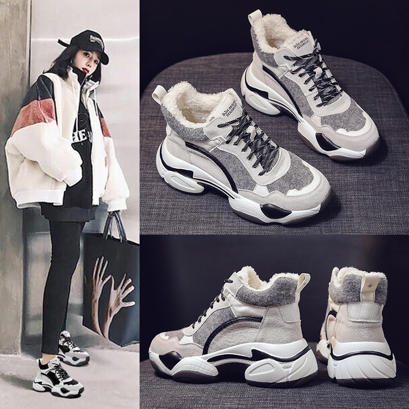 Fujin Sneakers Winter Vrouwen Platform Pluche Mode Dikke Bodem Warm Houden Toegenomen Vrije Vrouwen Ronde Neus Leisure Schoenen: Grijs / 6