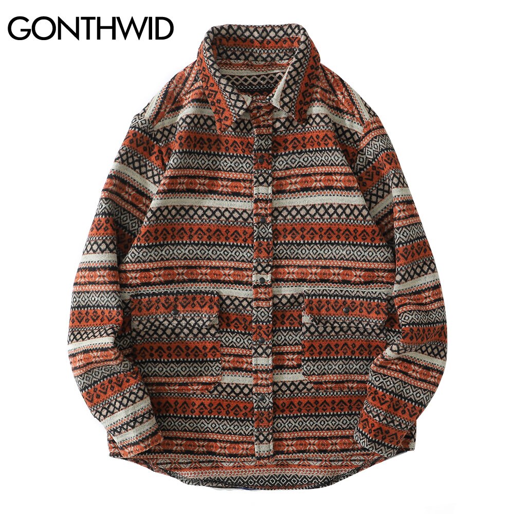 Gonthwide lange ermer tykke skjorter kåper streetwear hip hop geometri farge blokk stripete skjorter herre harajuku casual skjorte topper
