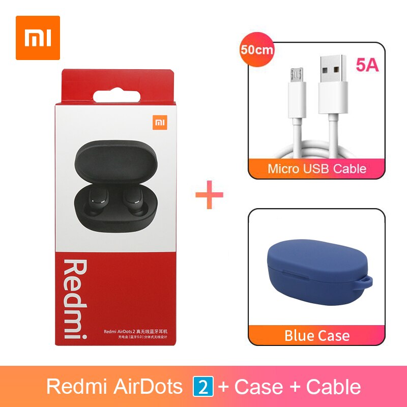 Xiaomi Redmi Airdots 2 Airdots S TWS Bluetooth 5.0 Earphone Stereo bass With Mic Handsfree Earbuds AI Control: Cable and Blue Case