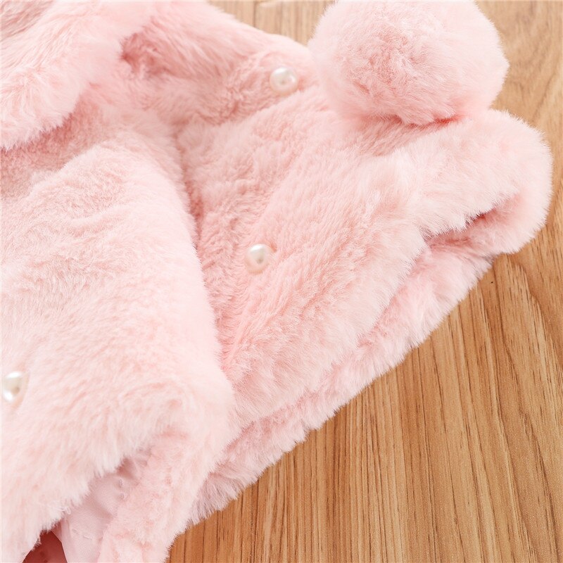 Warm Winter Jassen Kids Baby Effen Kleur Brede Revers Lange Mouwen Bontjas Met Pompoms Parel Leuke Uitloper Kleding Meisje 0-4 Jaar