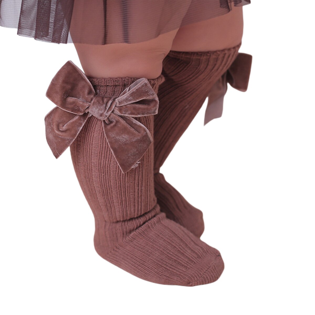 Babymeisjes kniekousen winterwarme ribgebreide kousen met grote fluwelen strik voor baby's en peuters