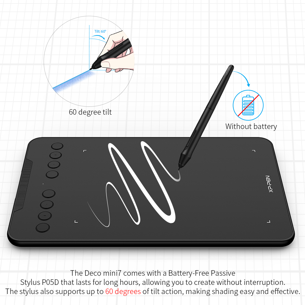 Xp-pen – tablette graphique Deco mini7, 7x8192 pouces, sans batterie, 4.37 niveaux de sensibilité à la pression, pour dessin Digital, compatible avec Android, Windows et Mac