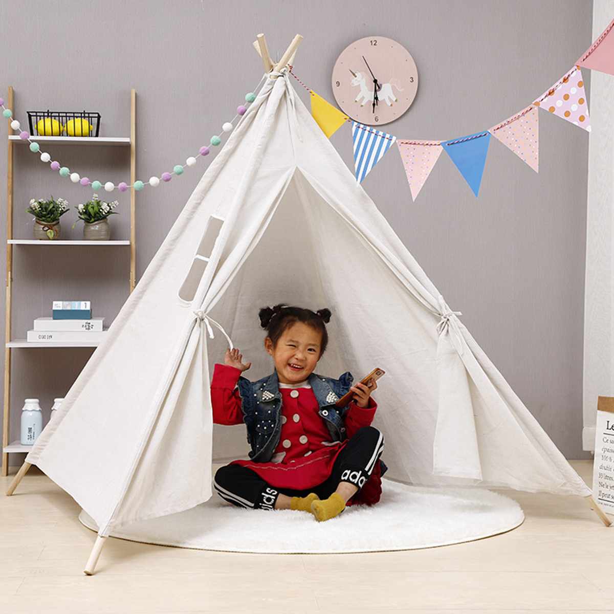 160/135cm Tipi trójkąt KidsTent Tipi płótno śpiąca kopuła bawić się-namiot Tipi dom wigwam pokój namiot dla dzieci gra-Dom