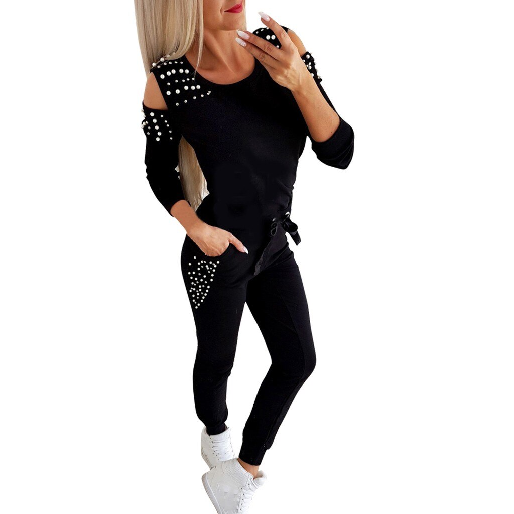 Two Pieces Women Set Autumn Solid Color Beading Jogging Running Sports Suits Casual Slim Fit Leisure Sport Suit #3: Black / L