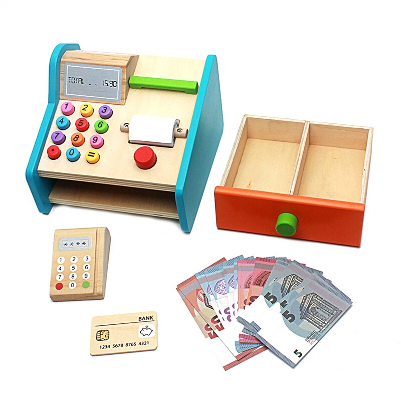 Giocattolo del bambino Di Legno Generi Alimentari Simulazione Registratore di cassa Giocattoli Vita Reale Cosplay Check-out Del Basamento Gioco del Gioco Giocattolo Educativo per I Bambini