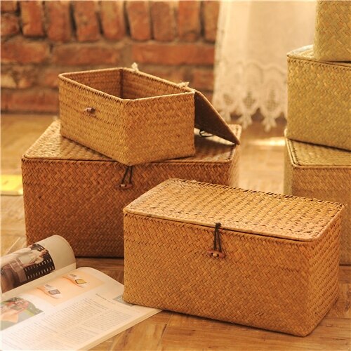 Rattan Woven Storage Box With Lid Handmade Jewelry Boxes Makeup Organizer Wooden For Sundries Puer Tea Case Containers