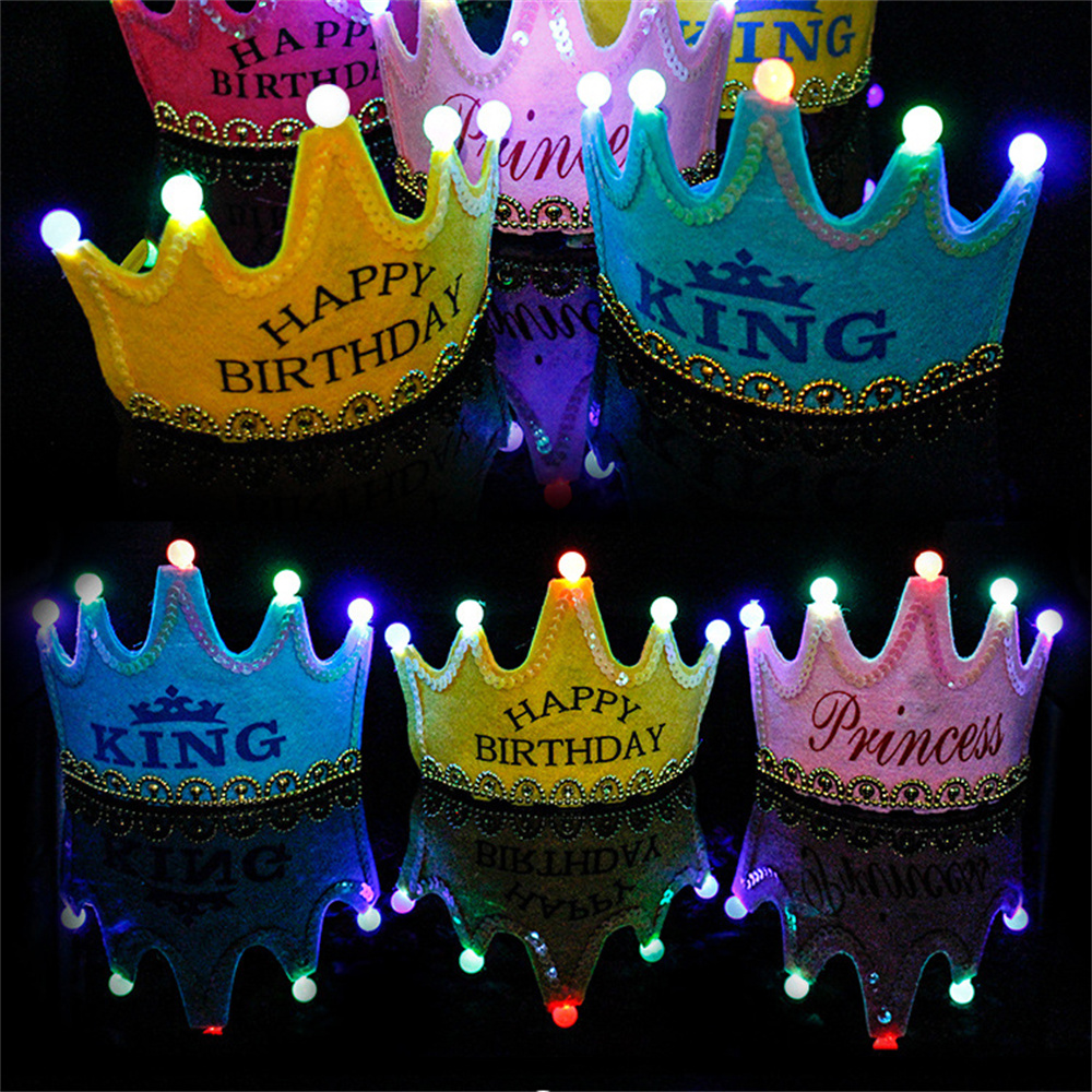 LED Light Happy Birthday Crown Hat for Kids Child Princess King Party Decor Supplies DIY Glowing Birthday Cap Headband