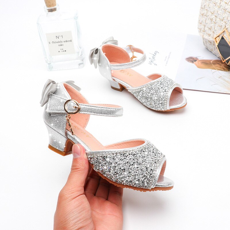 Sandales à talons hauts pour filles, chaussures de danse princesse à paillettes, strass et nœuds de Performance pour écoliers,