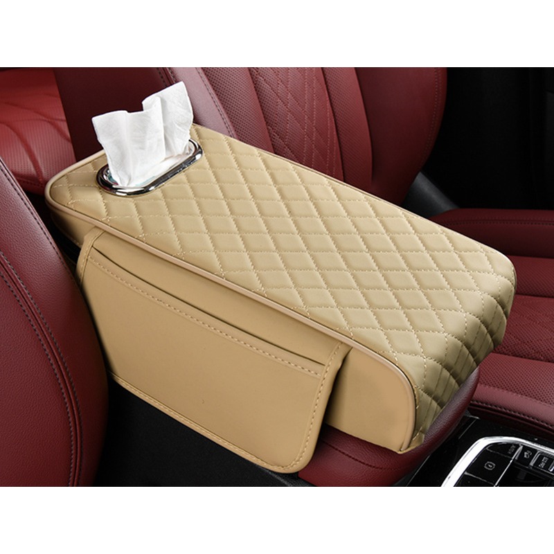 Auto-armsteun box pad verhoging universele pad Auto verhoging tissue opbergtas met zak Centrale kussensloop: WHITE