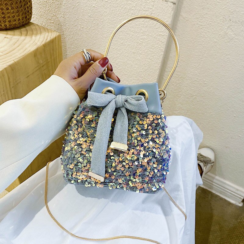 Pailletten strik emmer tas kleine tassen met metalen handvat dames handtas ketting schoudertas telefoon portemonnees