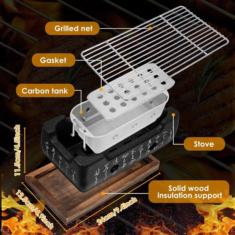 Japanese Style BBQ Grill Portable Barbecue Stove Aluminium Household Charcoal Grill with Wire Mesh Wooden Base Barbecue Tools