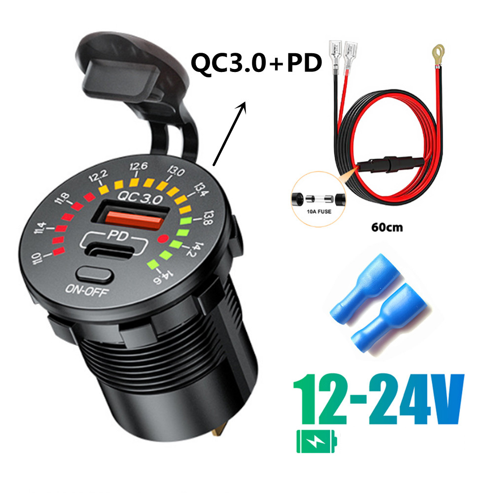 Cargador de coche USB Dual QC 3,0, 36W, 12V, 24V, salida PD impermeable, carga rápida con voltímetro LED, interruptor de encendido y apagado, accesorios para coche: Blanco